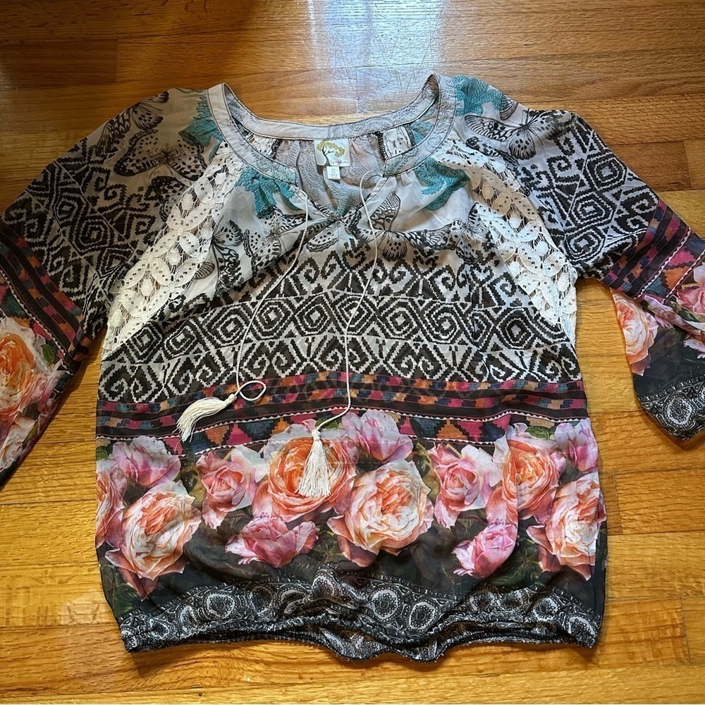 Fig & Flower Top Womens Small Sheer Floral Print Blouse(A1